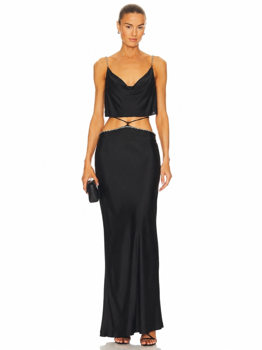 MESHKI Black Rhinestone Trim Two Piece Maxi Set Medium top skirt